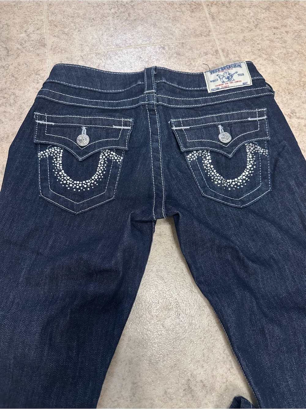 True Religion Womens Jeans Size 27 Dark Wash Rhinestone Flap Pocket USA - Picture 1 of 11